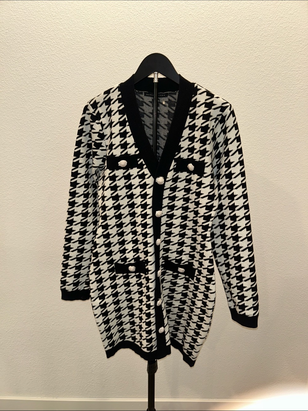 Black and White Houndstooth Button Cardigan Dress